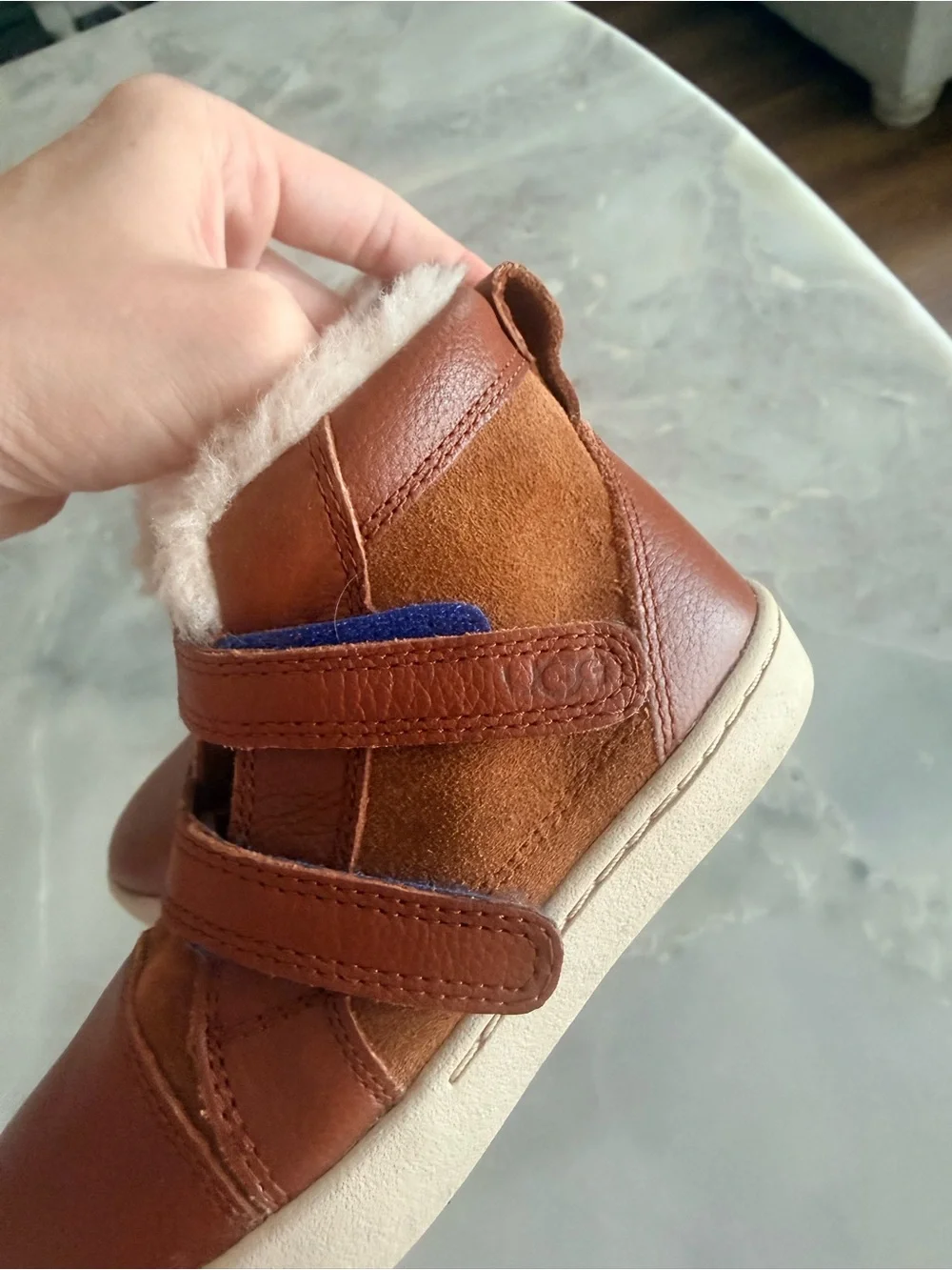 UGG Kids Chestnut Brown Suede & Leather High-Top Boots with Blue Accent